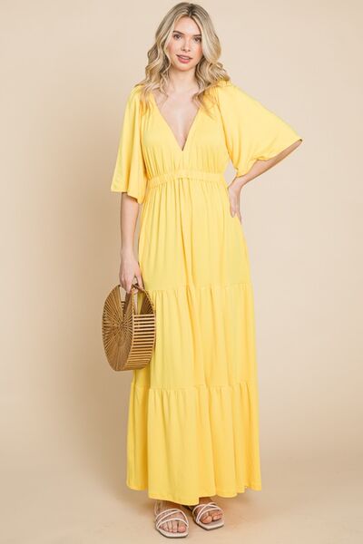 Backless Plunge Neckline Tiered Maxi Dress in LemonadeMaxi DressCulture Code