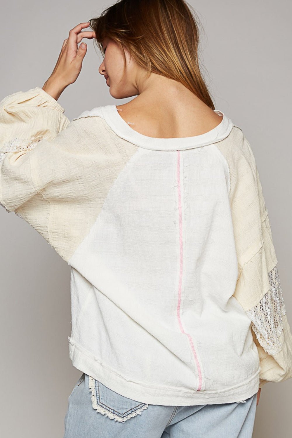 Balloon Sleeve Crochet Patch Top in Off-White/NaturalTopPOL