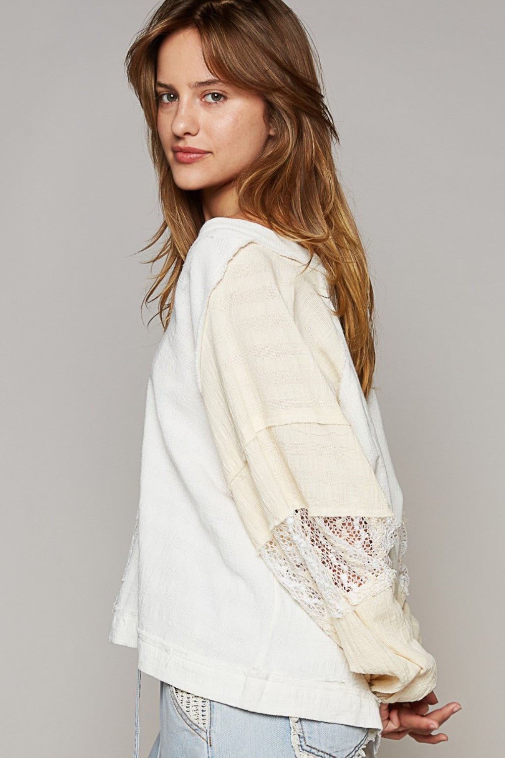 Balloon Sleeve Crochet Patch Top in Off-White/NaturalTopPOL