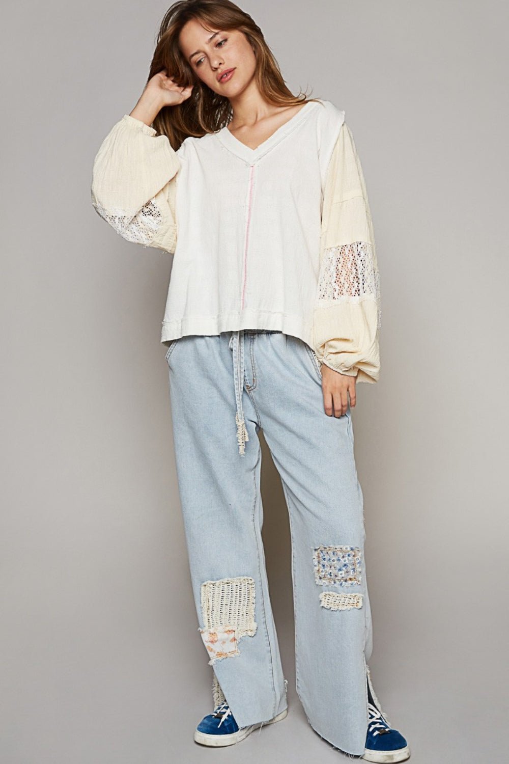 Balloon Sleeve Crochet Patch Top in Off-White/NaturalTopPOL