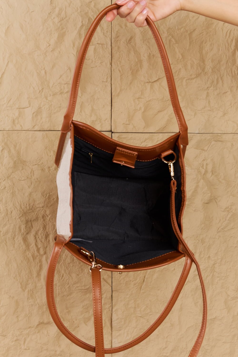 Beach Chic Faux Leather Trim Tote Bag in OchreTote BagFame