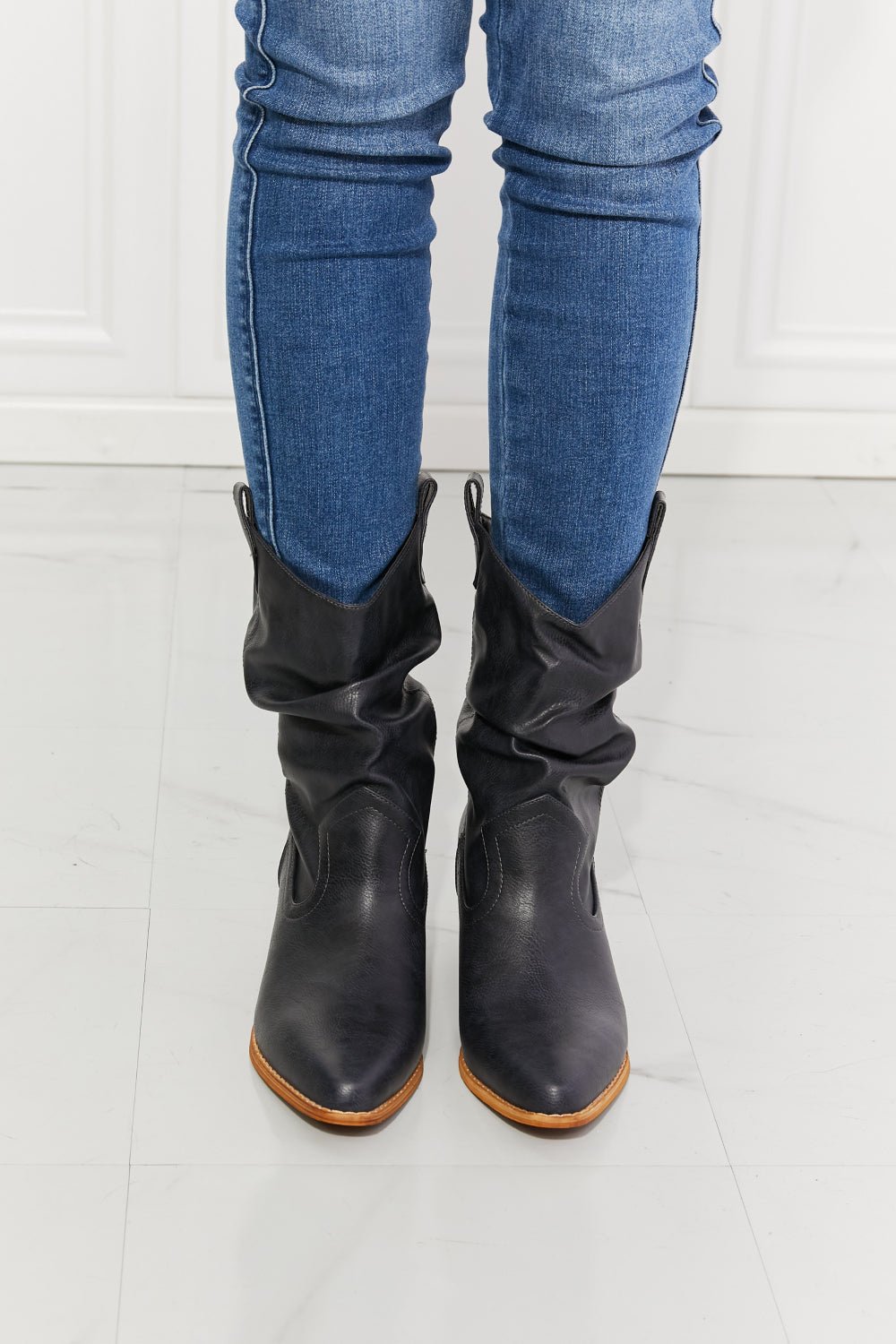 Vegan Leather Scrunch Cowgirl Boots in NavyCowboy BootsMelody