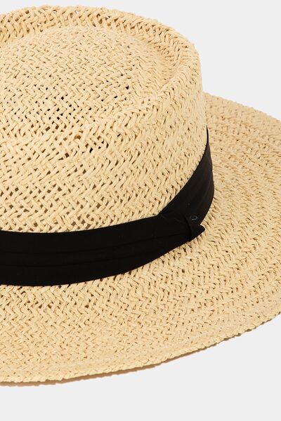 Black Contrast Band Braided Straw Hat in IvorySunhatFame
