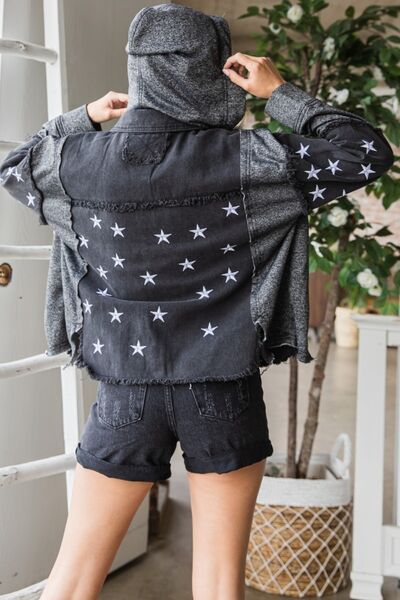 Black Wash Embroidered Star Pattern Hooded Denim JacketJacketVEVERET