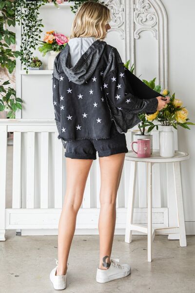 Black Wash Embroidered Star Pattern Hooded Denim JacketJacketVEVERET