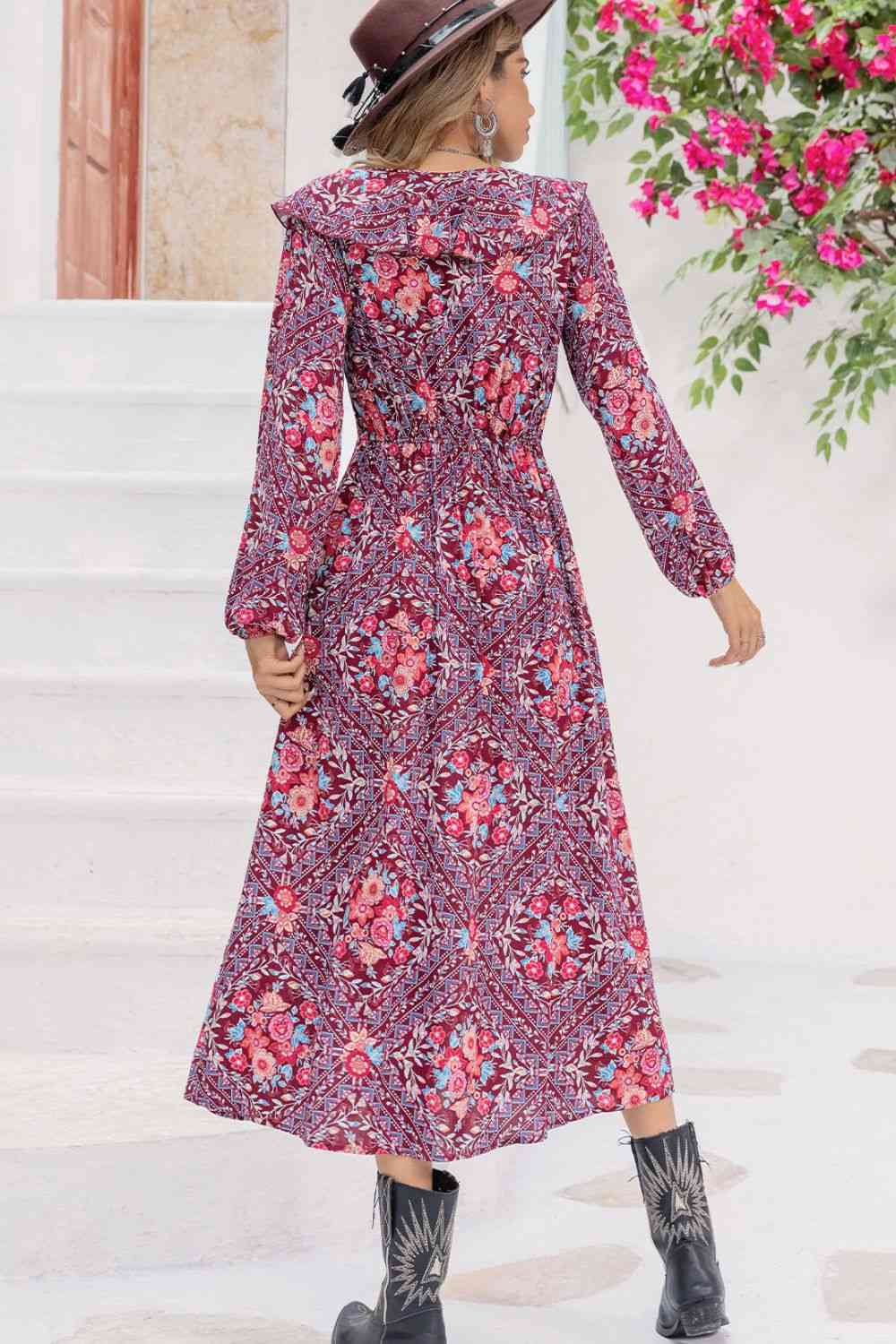 Bohemian Print Long Sleeve Front Slit Midi Dress in PurpleMidi DressBeach Rose Co.