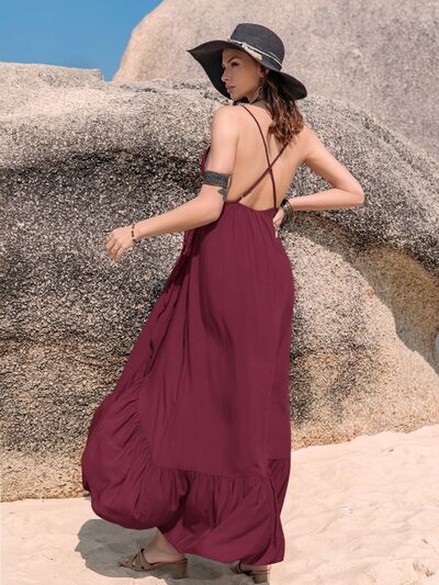 Boho Beach Crisscross Back Ruffle Trim Maxi DressMaxi DressBeach Rose Co.