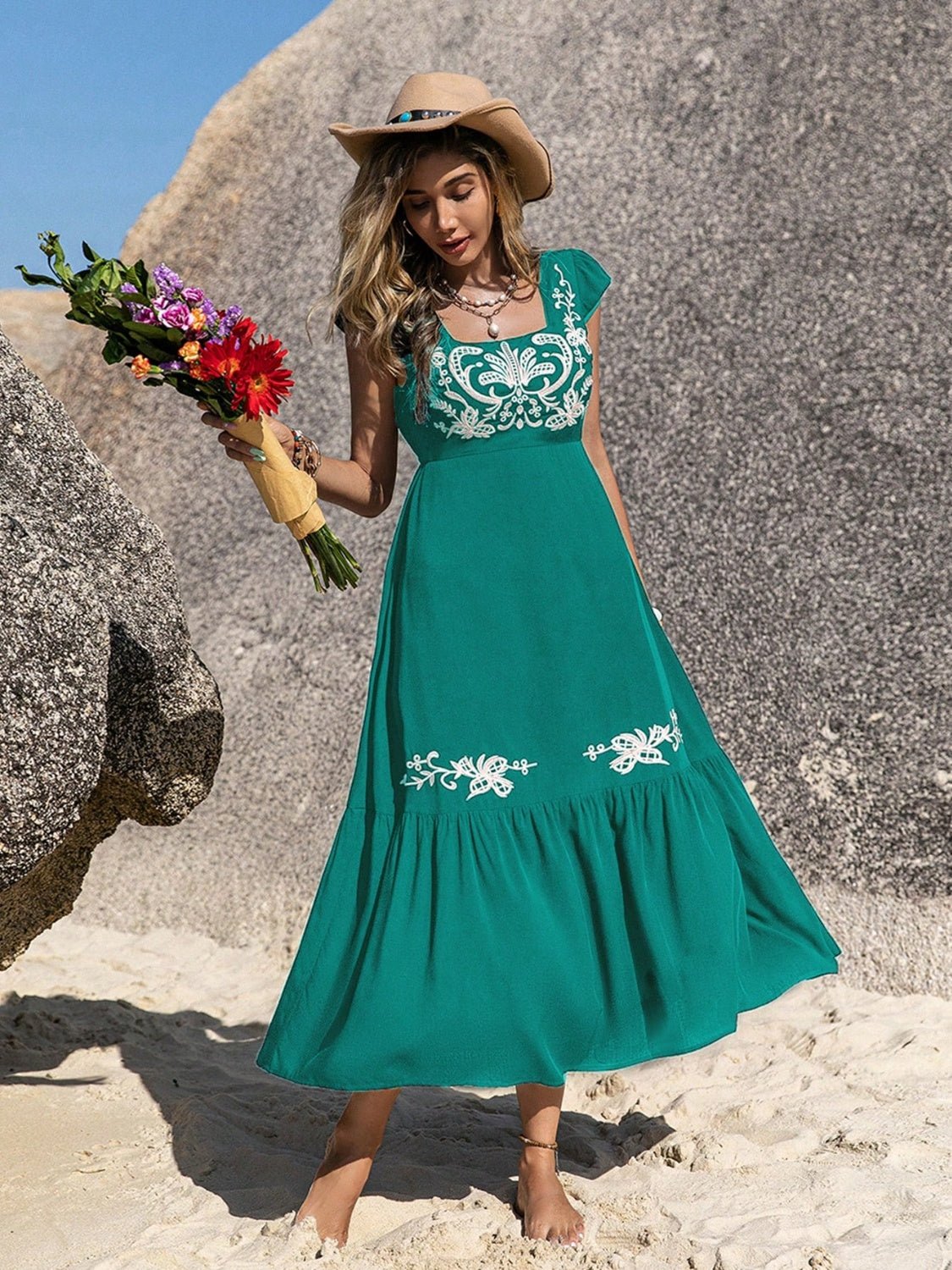 Boho Beach Embroidered Cap Sleeve Midi Dress in TurquoiseMidi DressBeach Rose Co.