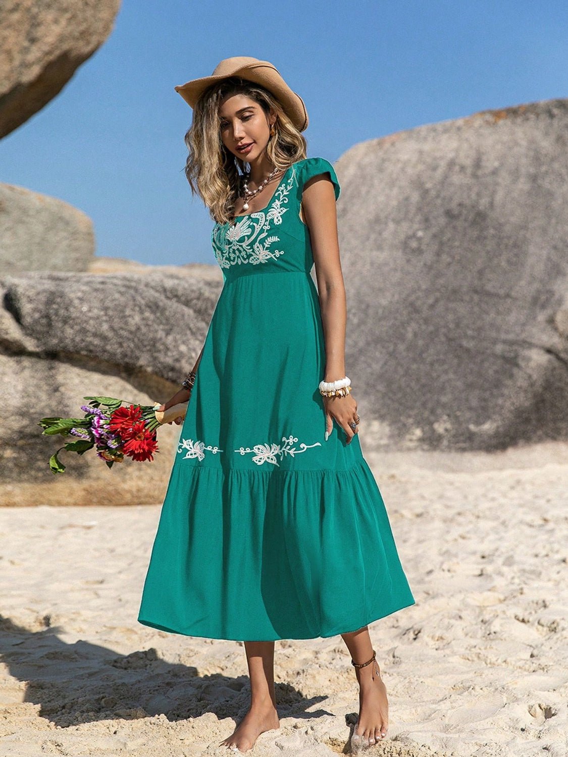 Boho Beach Embroidered Cap Sleeve Midi Dress in TurquoiseMidi DressBeach Rose Co.