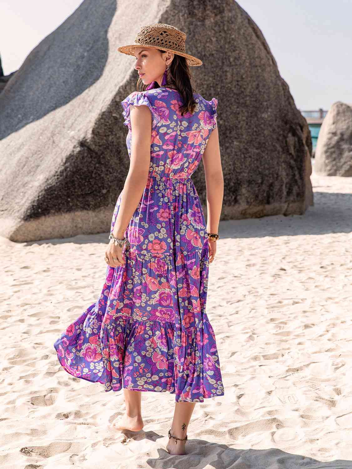 Boho Beach Printed V-Neck Midi Dress in Vivid VioletMidi DressBeach Rose Co.