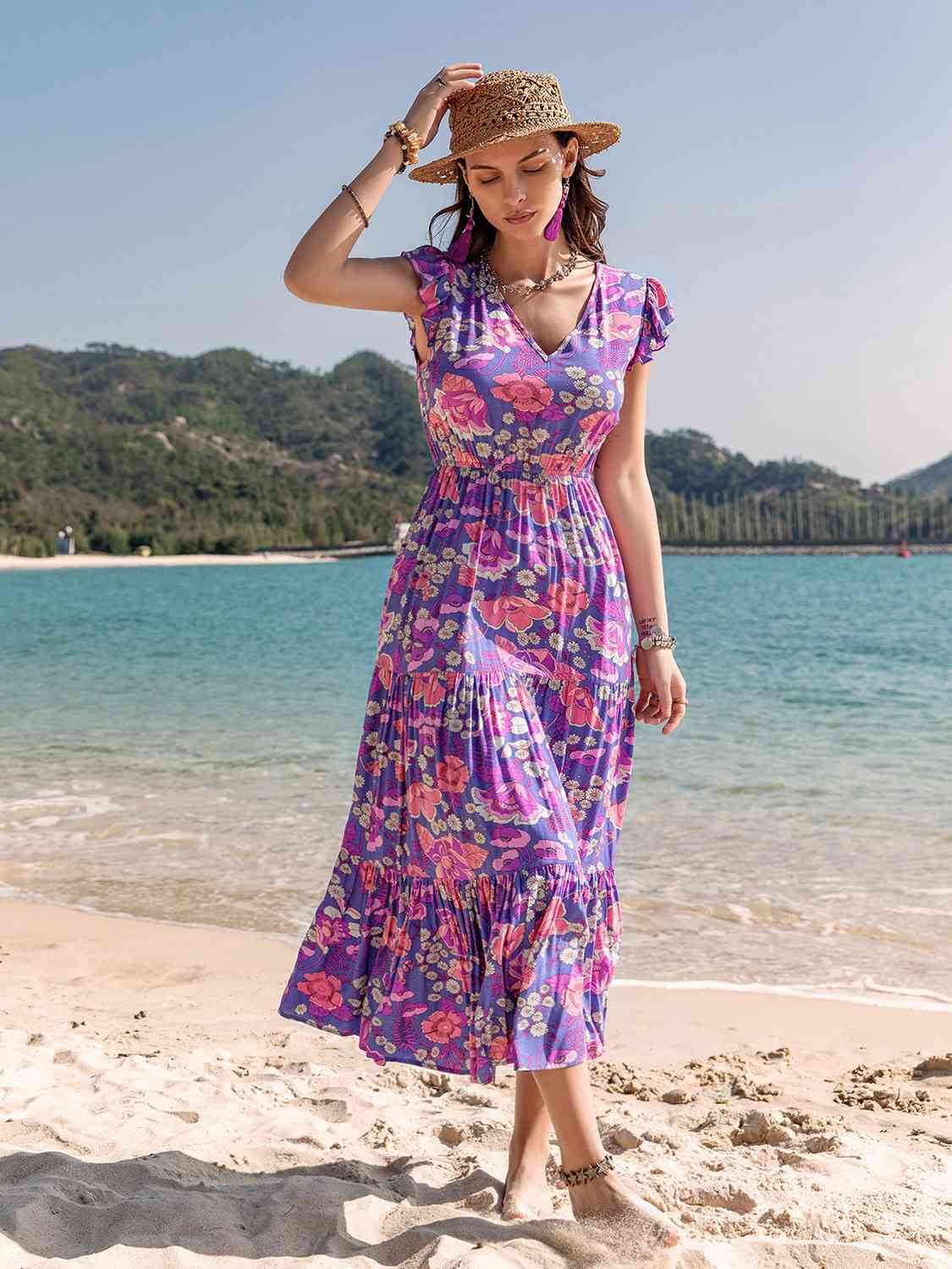 Boho Beach Printed V-Neck Midi Dress in Vivid VioletMidi DressBeach Rose Co.
