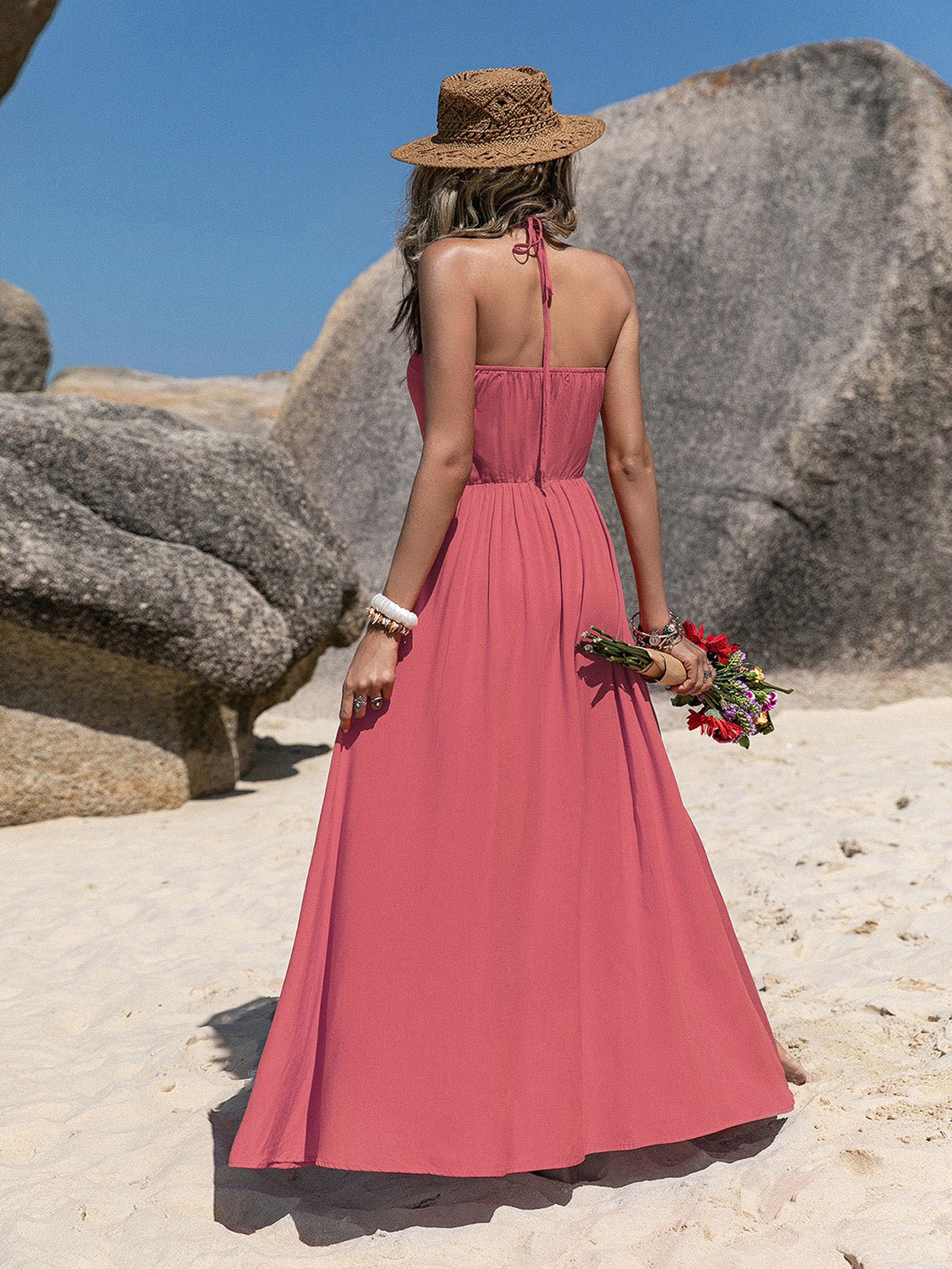 Boho Beach V-Neck Sleeveless Buttoned Maxi Dress in StrawberryMaxi DressBeach Rose Co.