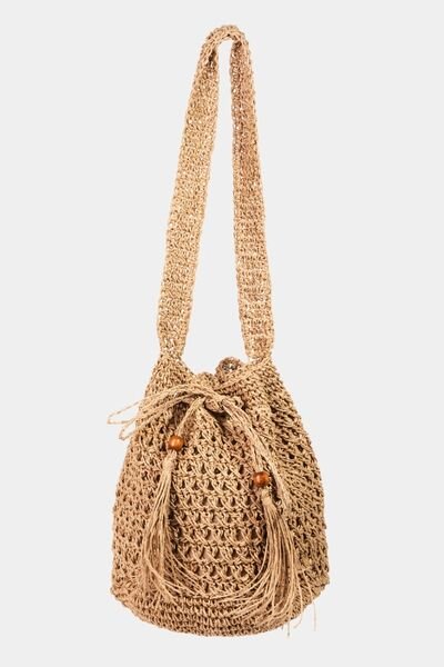 Braided Straw Bucket Bag with TasselsBucket BagFame