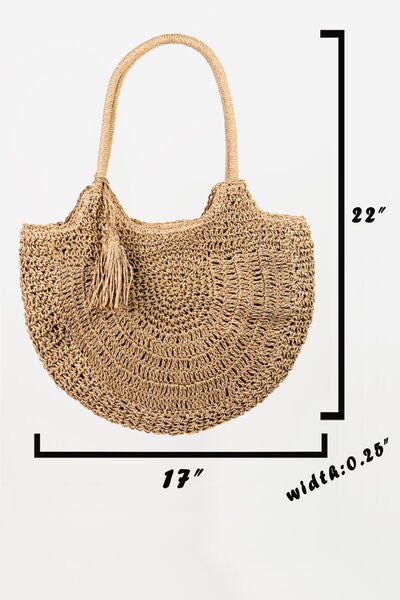 Braided Straw Tote Bag with Tassel in KhakiTote BagFame