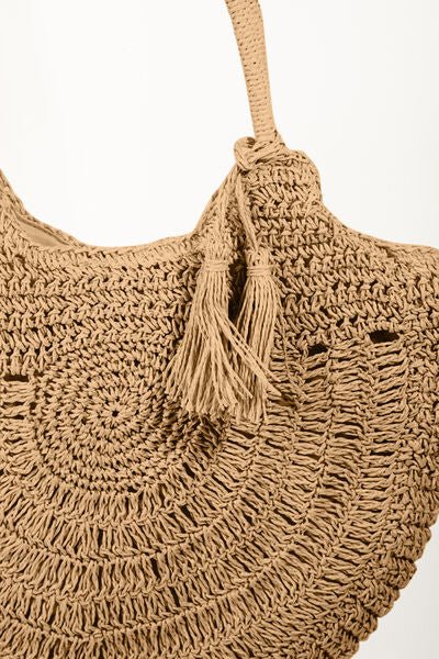 Braided Straw Tote Bag with Tassel in KhakiTote BagFame