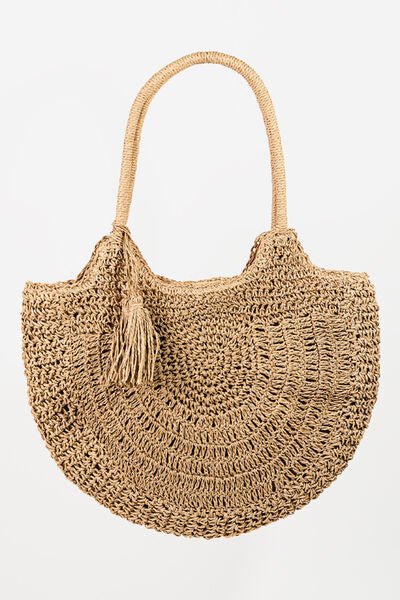 Braided Straw Tote Bag with Tassel in KhakiTote BagFame
