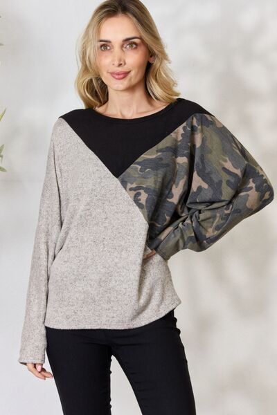 Brushed Hacci Color Block Long Sleeve Top in TaupeTopBiBi