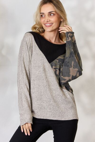 Brushed Hacci Color Block Long Sleeve Top in TaupeTopBiBi