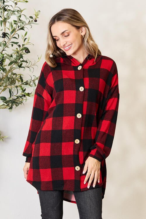 Buffalo Plaid Button Front Hooded Shirt in Black + RedShirtHeimish