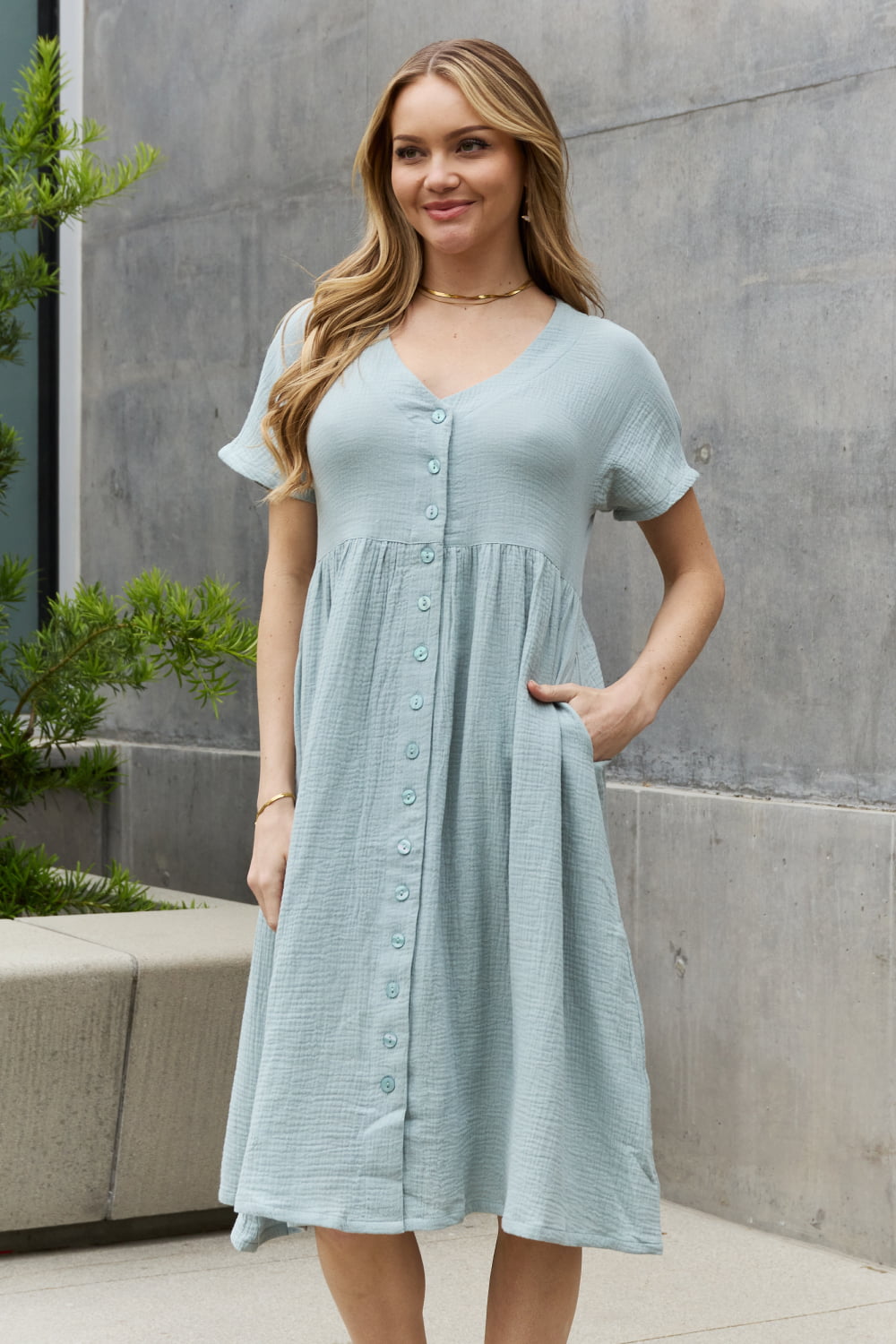 Button Down Cotton Midi Dress in Misty BlueMidi DressSweet Lovely by Jen