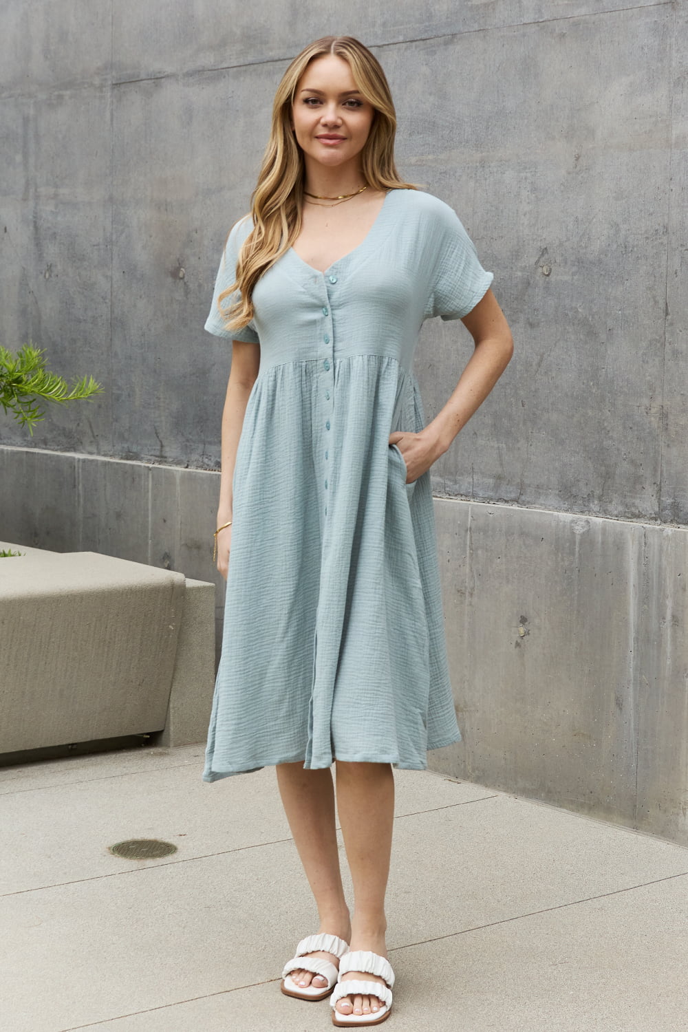 Button Down Cotton Midi Dress in Misty BlueMidi DressSweet Lovely by Jen