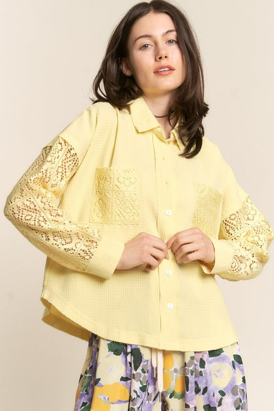 Button Down Lace Sleeve Waffle Knit Shirt in YellowShirtJ.NNA