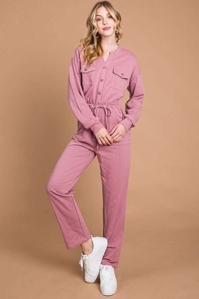 Button Up Drawstring Waist Straight Leg Jumpsuit in Red BeanJumpsuitCulture Code