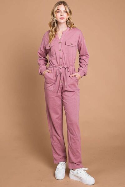 Button Up Drawstring Waist Straight Leg Jumpsuit in Red BeanJumpsuitCulture Code