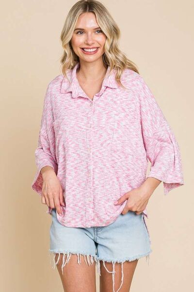 Button Up Drop Shoulder Tunic Shirt in Flamingo PinkShirtCulture Code