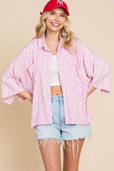Button Up Drop Shoulder Tunic Shirt in Flamingo PinkShirtCulture Code