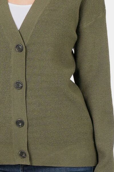 Button Up V-Neck Dropped Shoulder Cardigan in Dark OliveCardiganZenana