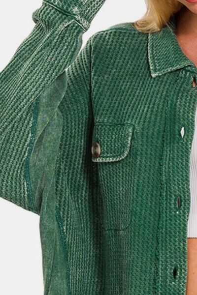 Button Up Washed Cotton Waffle Knit Shacket in Dark GreenShacketZenana
