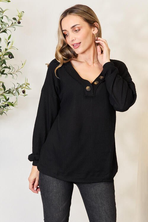 Buttoned Long Sleeve Blouse in BlackBlouseZenana