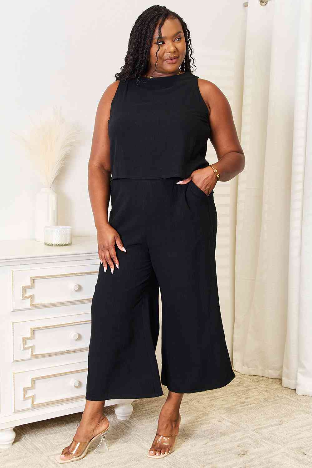 Buttoned Tank and Wide Leg Pants Set in BlackPants SetDouble Take