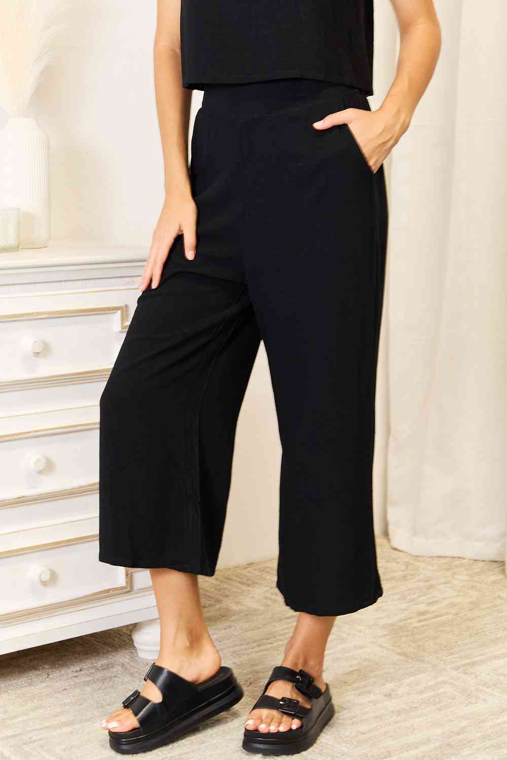 Buttoned Tank and Wide Leg Pants Set in BlackPants SetDouble Take