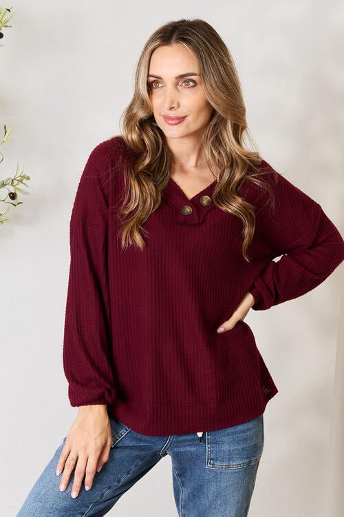 Buttoned V-Neck Long Sleeve Blouse in Dark BurgundyBlouseZenana