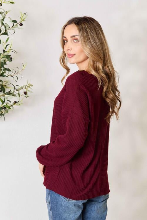 Buttoned V-Neck Long Sleeve Blouse in Dark BurgundyBlouseZenana