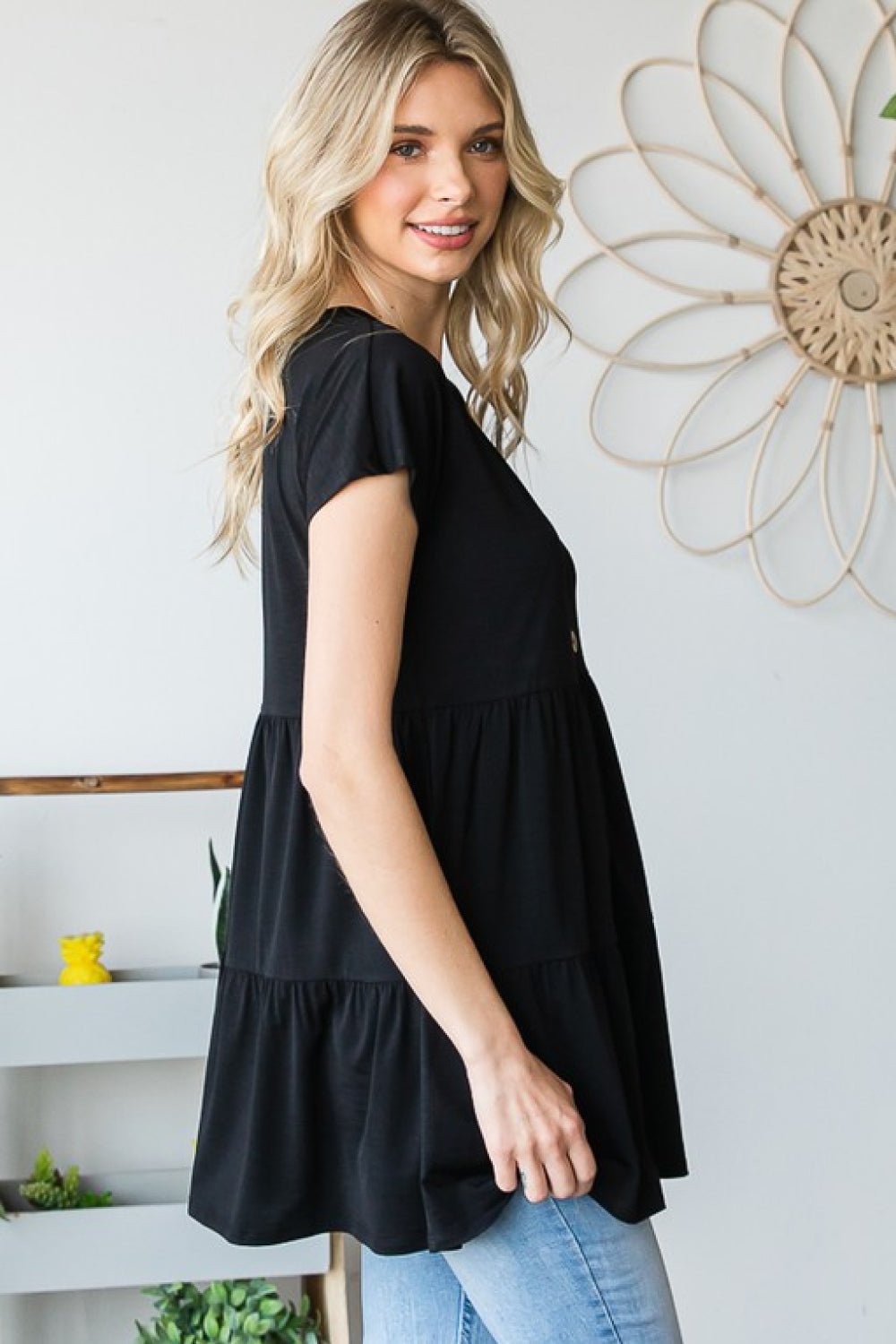 Buttoned V-Neck Tiered Top in BlackTopHeimish