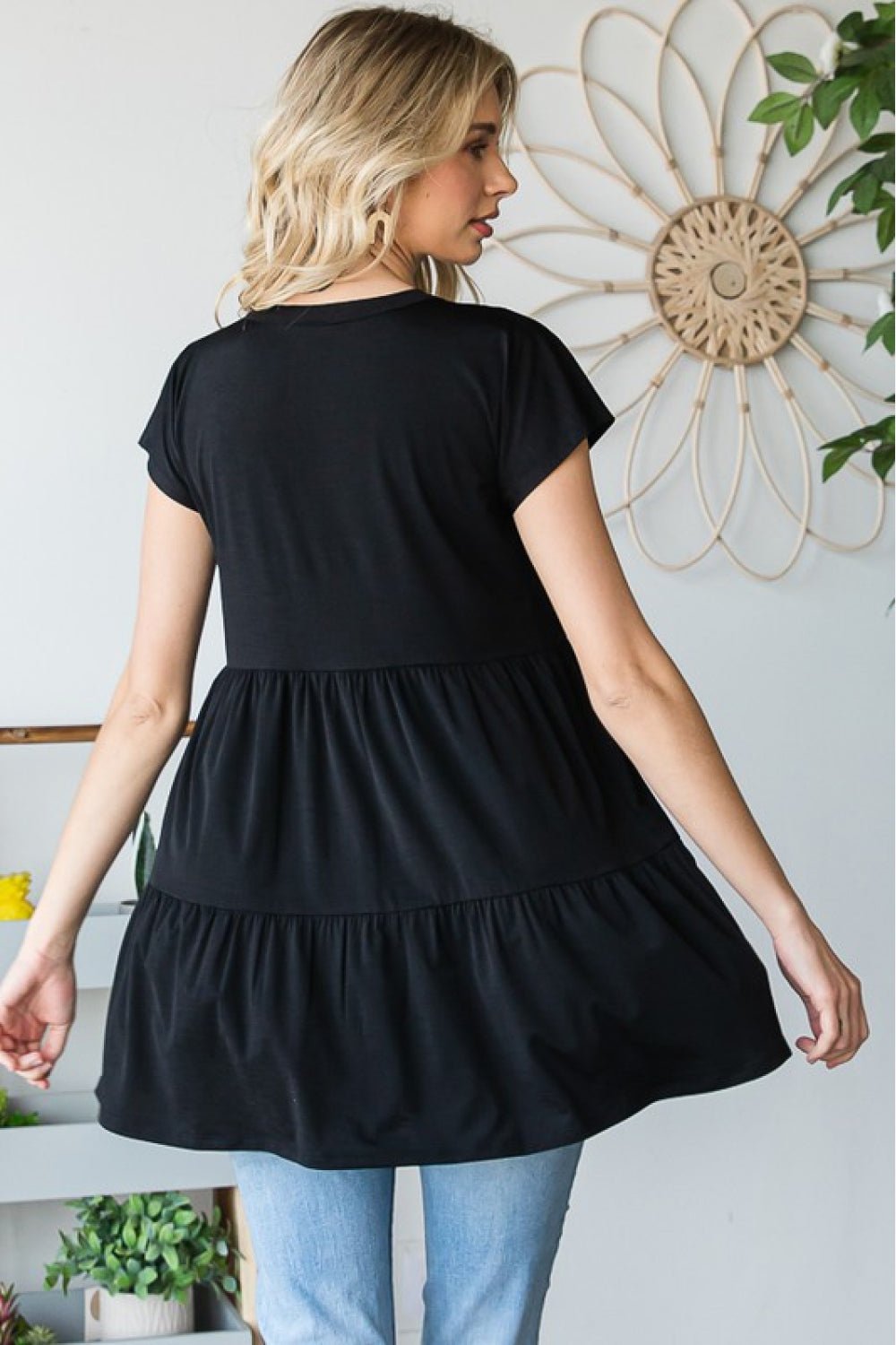 Buttoned V-Neck Tiered Top in BlackTopHeimish
