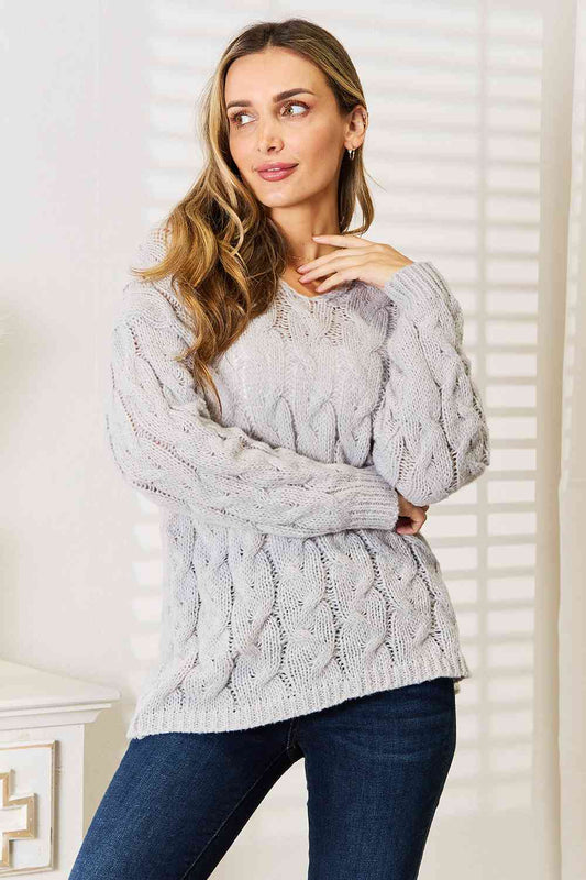 Cable-Knit Hooded Sweater in Light GrayHoodieWoven Right