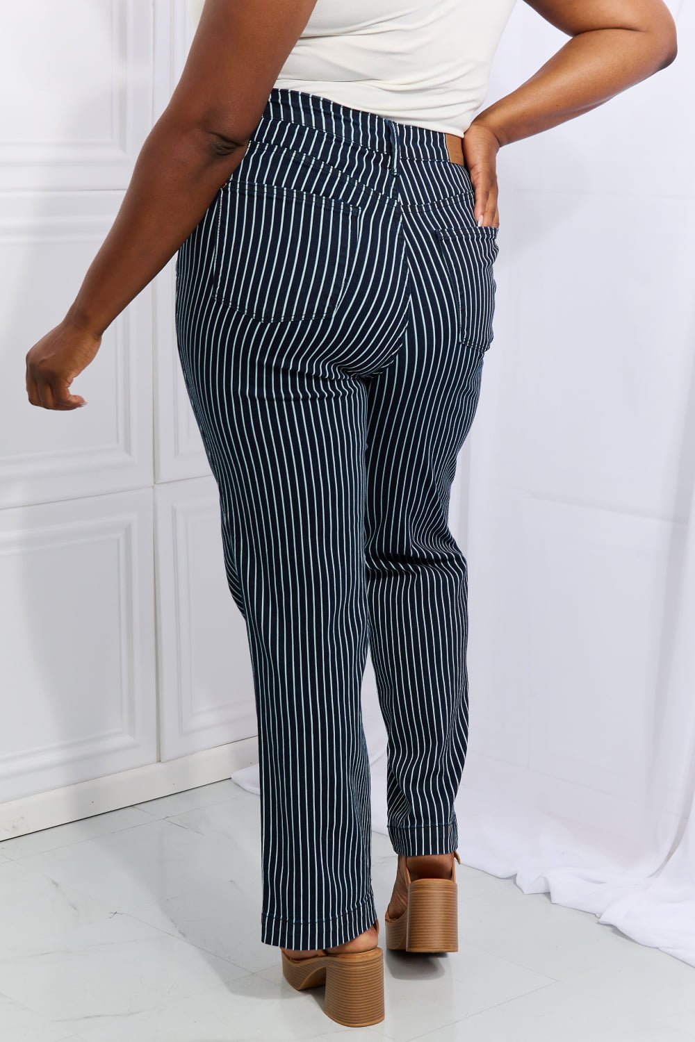 High Waisted Tummy Control Striped Straight Leg Jeans in French BlueJeansJudy Blue