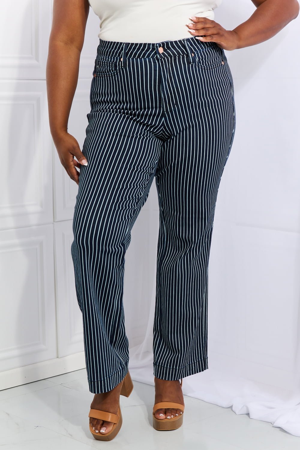 High Waisted Tummy Control Striped Straight Leg Jeans in French BlueJeansJudy Blue