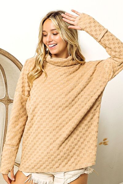 Checkered Cowl Neck Thumbhole Long Sleeve Top in TaupeTopBiBi