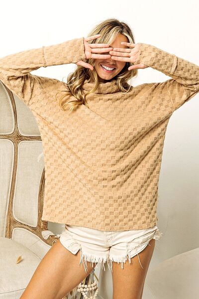 Checkered Cowl Neck Thumbhole Long Sleeve Top in TaupeTopBiBi