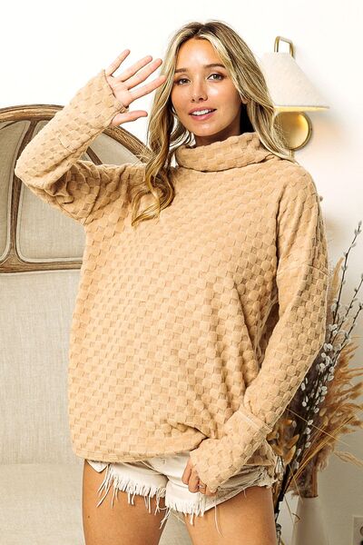 Checkered Cowl Neck Thumbhole Long Sleeve Top in TaupeTopBiBi