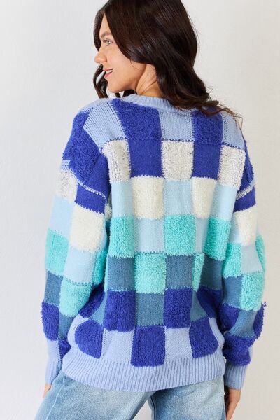 Checkered Crew Neck Long Sleeve Sweater in Blue MultiSweaterJ.NNA