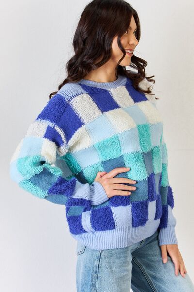 Checkered Crew Neck Long Sleeve Sweater in Blue MultiSweaterJ.NNA