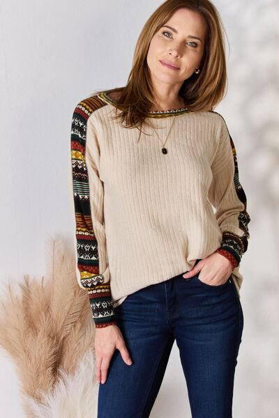 Christmas Mood Exposed Seam Long Sleeve Ribbed Knit Top in TaupeTopHailey & Co