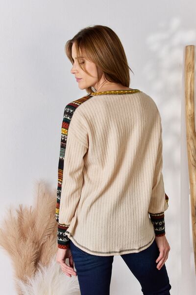 Christmas Mood Exposed Seam Long Sleeve Ribbed Knit Top in TaupeTopHailey & Co