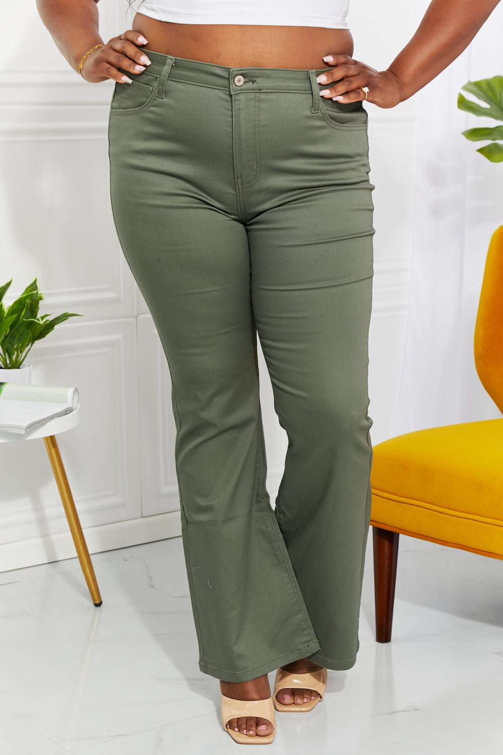 High-Rise Bootcut Jeans in Matcha GreenJeansZenana